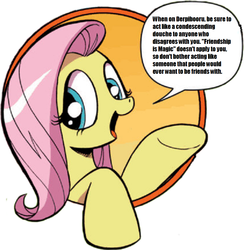 Size: 946x969 | Tagged: safe, idw, fluttershy, pony, friendship is magic #3, g4, my little pony: friendship is magic (idw), bad advice fluttershy, dialogue, exploitable meme, female, mare, meme, open mouth, smiling, solo