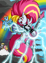 Size: 937x1289 | Tagged: safe, artist:lordstevie, derpy hooves, fluttershy, rainbow dash, oc, oc:poodle hair, pegasus, pony, g4, cloud, eating, electric guitar, electricity, fashion, female, flying, guitar, hooves on mouth, mare, multicolored mane, musical instrument, rainbow