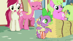 Size: 400x225 | Tagged: safe, screencap, daisy, flower wishes, lily, lily valley, roseluck, spike, pony, g4, the cutie pox, animated, flower trio, popcorn
