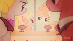 Size: 500x281 | Tagged: safe, artist:mlpcaps, edit, edited screencap, screencap, applejack, aunt orange, dainty dove, dane tee dove, justah bill, tall order, g4, the cutie mark chronicles, alternate hairstyle, beehive hairdo, female, filly, filly applejack, smiling, younger