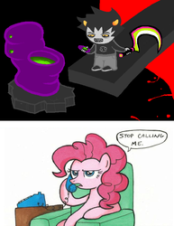 Size: 650x842 | Tagged: safe, pinkie pie, earth pony, pony, g4, armchair, cellphone, chair, female, homes smell ya later, homestuck, karkat vantas, male, mare, phone, sickle, stop calling me, toilet, troll (homestuck), weapon