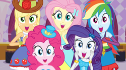 Size: 1023x573 | Tagged: safe, screencap, applejack, fluttershy, pinkie pie, rainbow dash, rarity, equestria girls, g4, my little pony equestria girls, bare shoulders, bracelet, carousel boutique, fall formal outfits, female, hat, humane five, humane five's encounter, jewelry, sleeveless, strapless, this is our big night, top hat