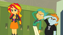 Size: 1023x574 | Tagged: safe, screencap, snails, snips, sunset shimmer, equestria girls, g4, my little pony equestria girls, salute