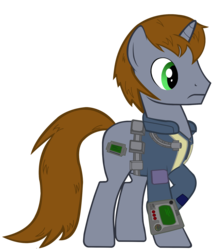 Size: 1600x1864 | Tagged: safe, artist:slowlearner46, oc, oc only, oc:littlepip, pony, unicorn, fallout equestria, clothes, fanfic, fanfic art, hooves, horn, jumpsuit, male, pipbuck, rule 63, show accurate, simple background, solo, stallion, transparent background, vault suit