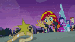 Size: 450x253 | Tagged: safe, screencap, applejack, fluttershy, pinkie pie, rainbow dash, rarity, spike, sunset shimmer, twilight sparkle, dog, equestria girls, g4, my little pony equestria girls, animated, cute, gif, mane seven, mane six, shimmerbetes, spike the dog, sunset shimmer reaching for things