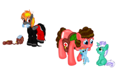 Size: 1144x698 | Tagged: safe, artist:inurantchan, rainbow dash, oc, oc:inuranchan, earth pony, pegasus, pony, unicorn, g4, clothes, crying, disaster, disaster relief, filly, messy mane, mouth hold, plushie, saddle bag, simple background, sitting, smiling, transparent background, water, water bottle