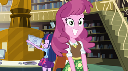 Size: 1023x574 | Tagged: safe, screencap, cheerilee, twilight sparkle, equestria girls, g4, my little pony equestria girls, computer, fake smile, female, forced smile, library, shit eating grin, smiling, solo focus, stepford smiler, struggle with technology