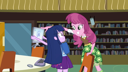 Size: 1023x575 | Tagged: safe, screencap, cheerilee, twilight sparkle, equestria girls, g4, my little pony equestria girls, computer, fake smile, forced smile, smiling, stepford smiler, struggle with technology