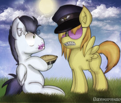 Size: 1700x1450 | Tagged: safe, artist:gamermac, soarin', spitfire, g4, braces, colt, colt soarin', ear fluff, female, filly, filly spitfire, male, pie, that pony sure does love pies, younger