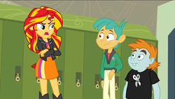 Size: 1023x576 | Tagged: safe, screencap, snails, snips, sunset shimmer, equestria girls, g4, my little pony equestria girls, crossed arms, lockers