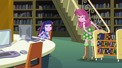 Size: 1023x574 | Tagged: safe, screencap, cheerilee, twilight sparkle, equestria girls, g4, my little pony equestria girls, book, cheerilee is not amused, unamused