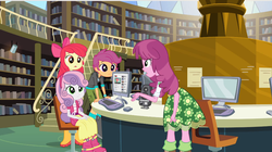 Size: 1023x574 | Tagged: safe, screencap, apple bloom, cheerilee, scootaloo, sweetie belle, equestria girls, g4, my little pony equestria girls, cutie mark crusaders