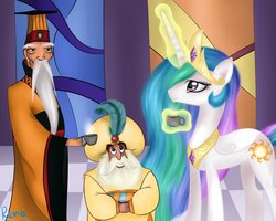 Size: 1000x800 | Tagged: safe, artist:puggie, princess celestia, g4, aladdin, crossover, emperor, emperor of china, mulan, sultan, trio