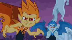 Size: 1023x575 | Tagged: safe, screencap, snails, snips, demon, equestria girls, g4, my little pony equestria girls, duo, duo male, grin, male, open mouth, smiling, statue, the fools