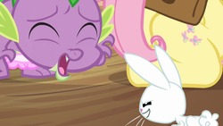 Size: 1023x575 | Tagged: safe, screencap, angel bunny, fluttershy, spike, dragon, pegasus, pony, rabbit, g4, just for sidekicks, angel is a bunny bastard, animal, evil smile, grin, pure unfiltered evil