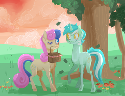 Size: 1280x989 | Tagged: safe, artist:ellamred, bon bon, lyra heartstrings, sweetie drops, earth pony, pony, unicorn, g4, autumn, duo, female, lesbian, looking at each other, mouth hold, one eye closed, picnic, raised hoof, ship:lyrabon, shipping, smiling, tree, unshorn fetlocks, wink