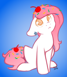 Size: 1280x1463 | Tagged: safe, artist:sinclair2013, oc, oc only, oc:icing delight, earth pony, food pony, original species, pony, female, mare, sad, sitting, solo