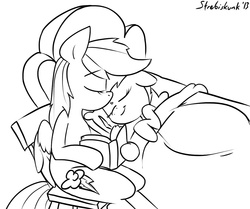 Size: 981x821 | Tagged: safe, artist:strebiskunk, rainbow dash, scootaloo, g4, bed, bedtime story, kissing, lineart, monochrome, scootalove, sleeping