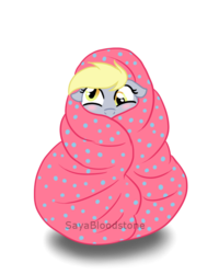 Size: 679x850 | Tagged: safe, artist:sayabloodstone, derpy hooves, pegasus, pony, g4, blanket, blushing, cute, derpabetes, female, floppy ears, mare, simple background, solo, transparent background, wrapped up