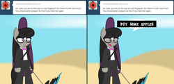 Size: 1003x484 | Tagged: safe, octavia melody, earth pony, pony, four string samurai, g4, ask, background pony, bipedal, buy some apples, censored, censored dialogue, censored vulgarity, clothes, female, mare, novelty censor, six string samurai, suit, tumblr
