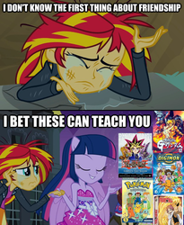 Size: 625x762 | Tagged: safe, edit, edited screencap, screencap, sunset shimmer, twilight sparkle, equestria girls, g4, my little pony equestria girls, crying, digimon, fairy tail, gundam, image macro, mobile suit gundam, parody, pokémon, yu-gi-oh!