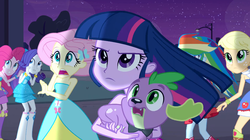 Size: 1023x572 | Tagged: safe, screencap, applejack, fluttershy, pinkie pie, rainbow dash, rarity, spike, twilight sparkle, dog, equestria girls, g4, my little pony equestria girls, bare shoulders, fall formal outfits, hatless, mane seven, mane six, missing accessory, sleeveless, spike the dog, strapless