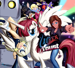 Size: 960x864 | Tagged: safe, artist:frist44, oc, oc:fausticorn, human, batgirl, birthday, crossover, happy birthday, happy birthday lauren faust, lauren faust, milky way and the galaxy girls, ponified, riding, roller skates, super best friends forever, supergirl, the iron giant, wonder girl