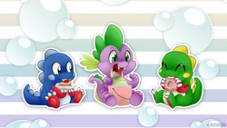 Size: 1920x1080 | Tagged: safe, artist:gabapple, spike, dragon, g4, bob, bobblun, bobby, bub, bubble, bubble bobble, bubblun, bubby, cake, crossover, donut, ice cream, striped background, taito, wallpaper