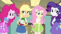 Size: 1132x631 | Tagged: safe, screencap, applejack, fluttershy, pinkie pie, rarity, equestria girls, g4, my little pony equestria girls, clothes, cutie mark on clothes, female, fluttershy's skirt, hand in pocket, liar face, liarjack, scrunchy face, skirt