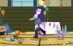 Size: 993x627 | Tagged: safe, screencap, rarity, spike, dog, equestria girls, g4, my little pony equestria girls, balloon, boots, bracelet, broom, clothes, confetti, cute, heart, high heel boots, jewelry, pumpkin, skirt, spike the dog, streamers, time to come together