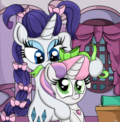 Size: 1000x1018 | Tagged: safe, artist:daniel-sg, rarity, sweetie belle, pony, unicorn, g4, alternate hairstyle, bow, eyeshadow, female, looking up, makeup, siblings, sisters