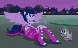 Size: 1151x711 | Tagged: safe, screencap, spike, twilight sparkle, dog, equestria girls, g4, my little pony equestria girls, boots, faic, fall formal outfits, high heel boots, ponied up, smiling, sparkles, spike the dog, twilight ball dress, wings