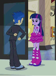 Size: 356x480 | Tagged: safe, screencap, flash sentry, twilight sparkle, equestria girls, g4, my little pony equestria girls, animated, boots, clothes, derp, door, duo, fall formal outfits, female, flashabuse, gif, high heel boots, male, shoes, sneakers, tuxedo, twilight ball dress