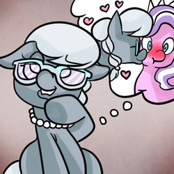 Size: 1000x1000 | Tagged: dead source, safe, artist:fauxsquared, diamond tiara, silver spoon, earth pony, pony, g4, blushing, cheek kiss, daydream, female, filly, foal, glasses, kissing, lesbian, ship:silvertiara, shipping