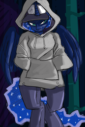 Size: 1400x2100 | Tagged: safe, artist:fauxsquared, princess luna, anthro, unguligrade anthro, luna-afterdark, g4, baseball cap, bipedal, clothes, female, hat, hoodie, jeans, snapback, solo