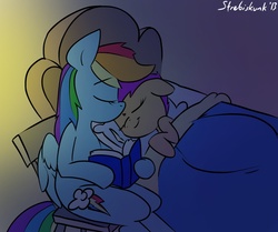 Size: 981x821 | Tagged: safe, artist:strebiskunk, rainbow dash, scootaloo, pegasus, pony, g4, bed, bedtime story, blanket, book, duo, duo female, eyes closed, female, filly, floppy ears, foal, forehead kiss, friendshipping, goodnight, goodnight kiss, heart, hoof hold, kissing, lying down, mare, on side, pillow, scootalove, signature, sitting, sleeping
