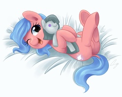 Size: 3000x2400 | Tagged: safe, artist:steffy-beff, marble pie, oc, oc only, oc:skye, g4, bed, cute, dock, legs in air, looking at you, on back, open mouth, plushie, smiling, solo, underhoof, wink