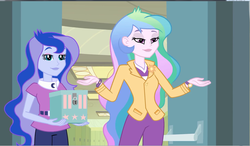 Size: 1250x728 | Tagged: safe, screencap, princess celestia, princess luna, principal celestia, vice principal luna, equestria girls, g4, my little pony equestria girls, bracelet, brooch, clothes, cutie mark, cutie mark accessory, cutie mark brooch, cutie mark on clothes, derail in the comments, jewelry, lidded eyes, smiling, watch, wristwatch