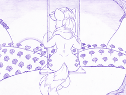 Size: 1286x966 | Tagged: safe, artist:joey darkmeat, applejack, earth pony, semi-anthro, g4, female, monochrome, solo, sunset, swing, traditional art, wide hips