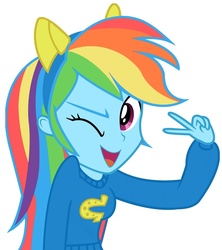 Size: 890x1003 | Tagged: safe, rainbow dash, equestria girls, g4, my little pony equestria girls, cute, female, looking at you, open mouth, peace sign, simple background, smiling, solo, vector, white background, wink