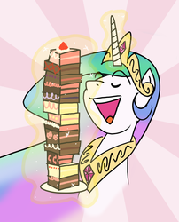 Size: 542x670 | Tagged: safe, artist:grilledcat, princess celestia, alicorn, pony, g4, cake, cakelestia, eyes closed, female, food, magic, mare, open mouth, pile, solo, telekinesis