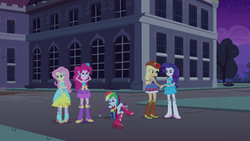 Size: 1920x1080 | Tagged: safe, screencap, applejack, fluttershy, pinkie pie, rainbow dash, rarity, equestria girls, g4, my little pony equestria girls, balloon, bare shoulders, boots, bracelet, cowboy boots, fall formal outfits, female, high heel boots, jewelry, shipping fuel, sleeveless, strapless