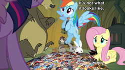 Size: 1280x720 | Tagged: safe, artist:dtkraus, edit, edited screencap, screencap, angel bunny, fluttershy, rainbow dash, twilight sparkle, bear, ferret, squirrel, g4, action figure, barack obama, caught, comic book, folded wings, humie, nerd, spread wings, star wars, wings