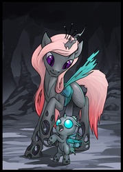 Size: 700x978 | Tagged: safe, artist:desert-sage, fleur-de-lis, changeling, changeling queen, nymph, g4, changelingified, holding hooves, open mouth, raised hoof, smiling