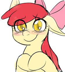 Size: 900x1000 | Tagged: safe, artist:pyupew, apple bloom, g4, apple bloom's bow, blushing, bow, female, hair bow, looking at you, simple background, smiling, solo, white background