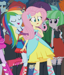Size: 535x624 | Tagged: safe, screencap, drama letter, fluttershy, indigo wreath, rainbow dash, tennis match, watermelody, equestria girls, g4, my little pony equestria girls, background human, bare shoulders, boots, fall formal, fall formal outfits, high heel boots, out of context, rainbow, sleeveless, strapless