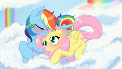 Size: 1600x900 | Tagged: safe, artist:naomiknight17, fluttershy, rainbow dash, g4, blushing, cloud, cloudy, cute, dashabetes, female, lesbian, ship:flutterdash, shipping, shyabetes