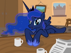 Size: 1500x1125 | Tagged: safe, artist:selenophile, princess luna, g4, coffee, cup, drink, female, mug, paper, solo