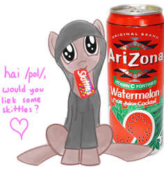 Size: 1356x1435 | Tagged: safe, artist:mushrooshi, oc, oc only, pony, /mlp/, /pol/, 4chan, arizona ice tea, candy, clothes, drink, heart, hoodie, mouth hold, ponified, skittles, solo, trayvon martin