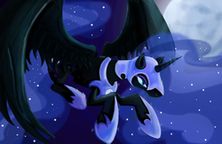 Size: 2000x1300 | Tagged: safe, artist:goosebumps-fan57, nightmare moon, alicorn, pony, g4, ethereal mane, female, flying, helmet, horn, jewelry, night, regalia, serious, solo